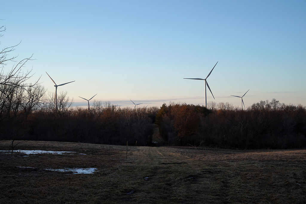 A group of wind turbines near the Pony Express Lake Conservation Area
